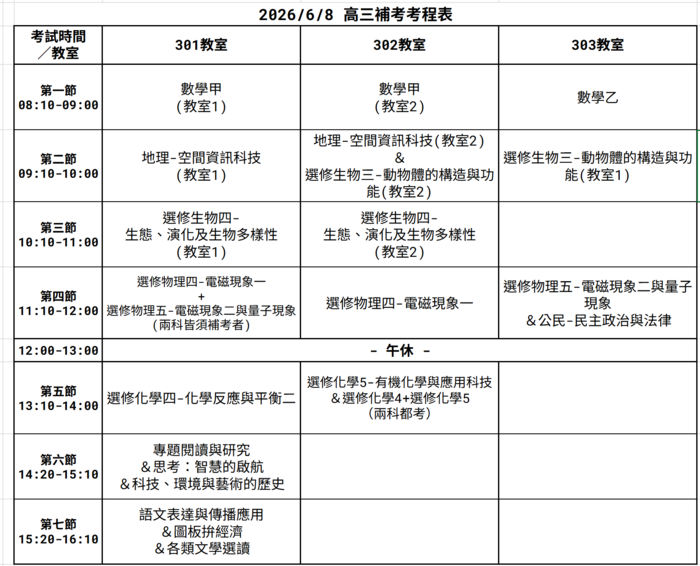 高三補考考程表
